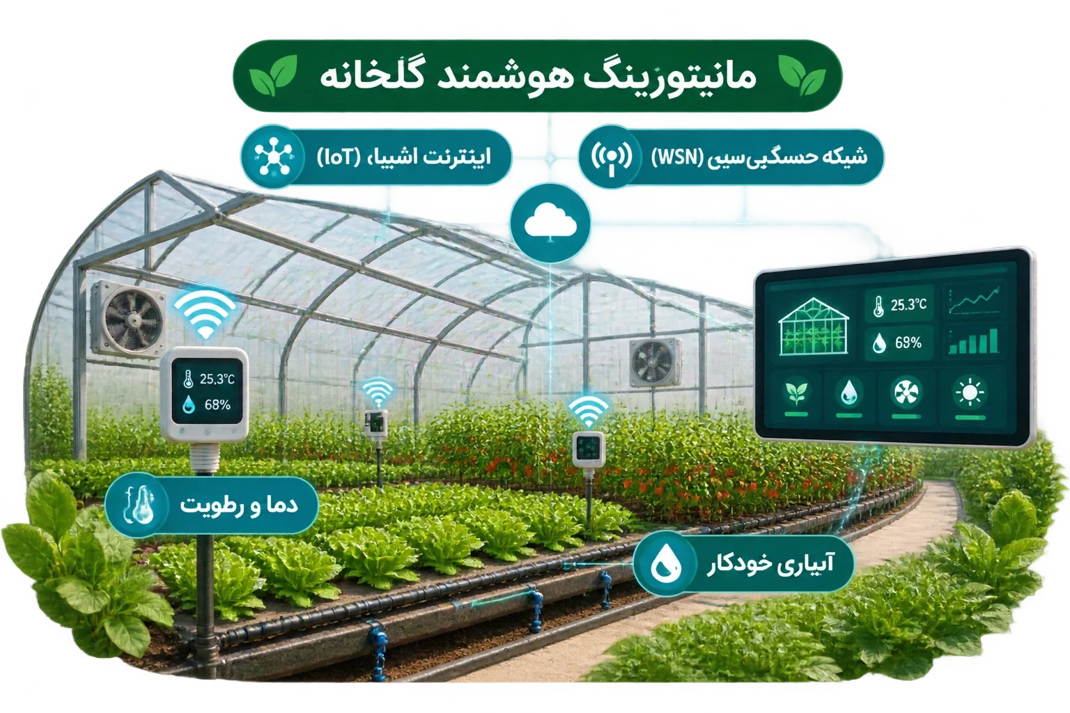 مانیتورینگ گلخانه هوشمند با حسگرهای اینترنت اشیاء برای کنترل دما، رطوبت و آبیاری خودکار