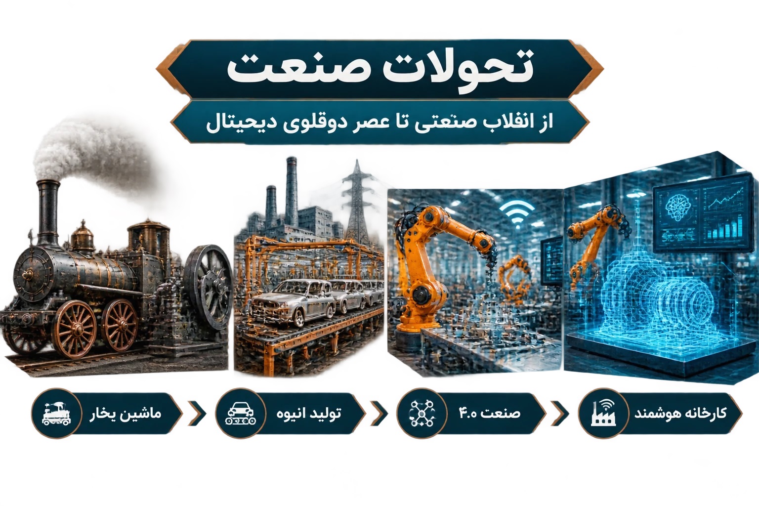 سیر تحول انقلاب صنعتی از ماشین بخار تا دوقلوی دیجیتال و کارخانه هوشمند