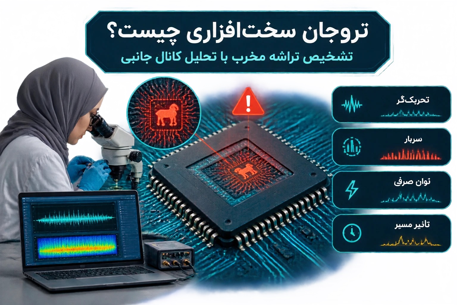 دیاگرام ساختار تروجان سخت‌افزاری شامل بخش تحریک‌گر و سربار در یک تراشه الکترونیکی